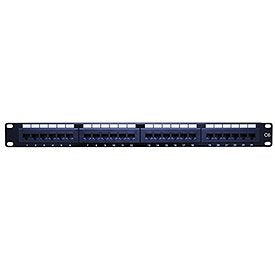 A patch panel with four distinct patch panels, facilitating effective cable routing and network management.