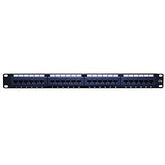 A patch panel with four distinct patch panels, facilitating effective cable routing and network management.