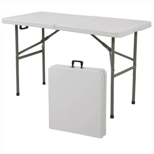 A compact folding table with a sleek white case, positioned against a plain background.