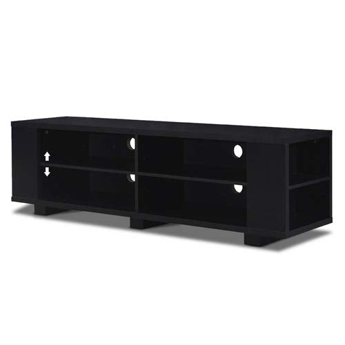 A modern black TV stand equipped with four shelves for versatile storage.