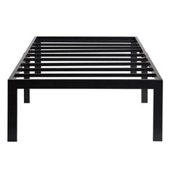 A sleek black metal bed frame with sturdy slats, designed for durability and contemporary style.