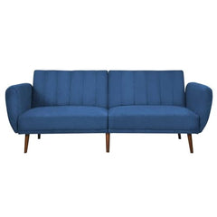 A blue couch featuring wooden legs and arms, showcasing a modern and stylish design.