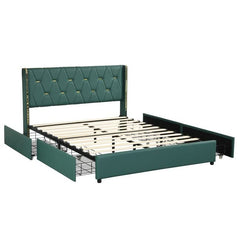 Full Green/Gold Linen Headboard 4-Drawer Storage Bed