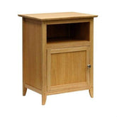 A compact wooden nightstand with a door, suitable for bedside use.