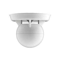 A white dome camera installed on the ceiling, designed for surveillance.