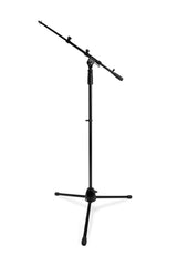 A simple microphone stand set against a white background.