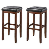 A pair of wooden bar stools with stylish black leather seats, arranged next to each other.