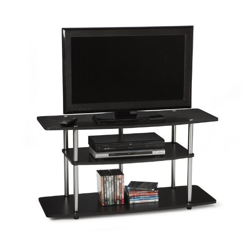 A black TV stand featuring a DVD player and a collection of DVDs arranged neatly on the shelves.
