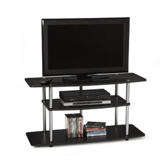 A black TV stand featuring a DVD player and a collection of DVDs arranged neatly on the shelves.
