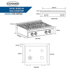 COS-GRT304 Pro-Style Slide-In Counter Gas Cooktop with 4 Sealed Burners, Heavy Duty Metal Knobs, 30 inch, Stainless Steel