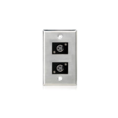 A silver wall plate displaying two sockets for electrical outlets.