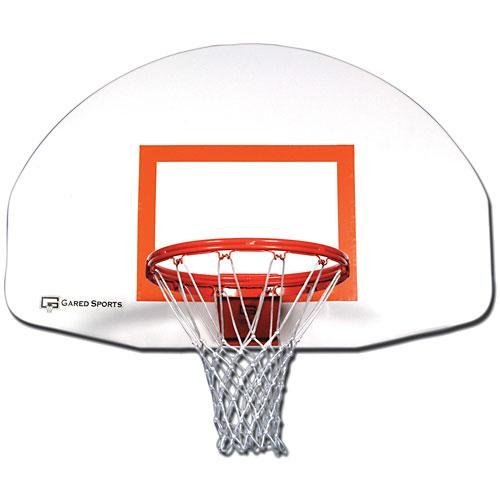 A basketball hoop with a net attached to the back, set against a clear blue sky.