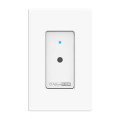 A white wall switch featuring a prominent blue button in the center.