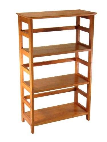 A three-shelf wooden bookcase, showcasing a classic design for organizing books and personal belongings.
