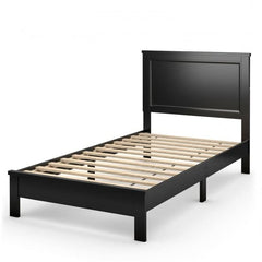 A black bed frame featuring wooden slats, designed for a modern and minimalist bedroom aesthetic.