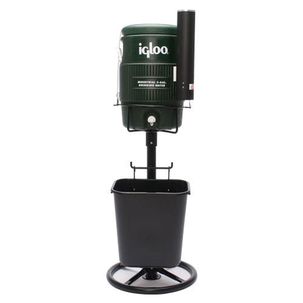 A portable ice maker in green and black, positioned on a stand, suitable for home or outdoor use.