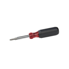 A screwdriver featuring a red handle and a black handle, designed for various fastening tasks.