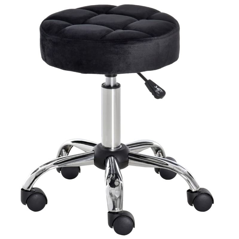 A black rolling stool displayed on a white surface.