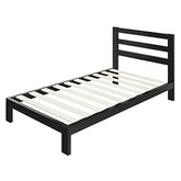 A black bed frame supporting a white mattress, showcasing a modern and minimalist design.