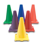 Colorful plastic cones displayed against a white background, highlighting their bright hues and playful design.
