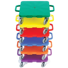 Colorful plastic dollies with wheels stacked together, displaying a variety of bright hues in a playful arrangement.