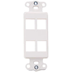 A white wall plate featuring four evenly spaced holes for electrical or mounting purposes.