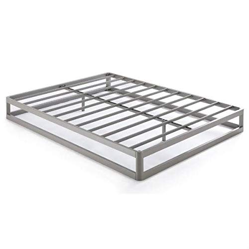 A modern metal bed frame with a robust structure and metal slats, designed for strength and stability.