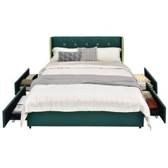 A bed with a vibrant green headboard and drawers integrated into the base for added functionality.