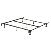 A sturdy metal bed frame with two wheels for easy movement and two legs for support.