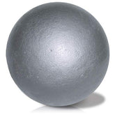 A prominent metallic sphere displayed against a white backdrop.