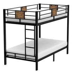 A sturdy black metal bunk bed with wooden slats, designed for space-saving and functionality.