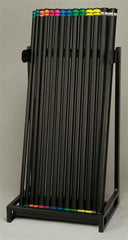 A rack displaying various black and colored tubes arranged neatly for easy access.