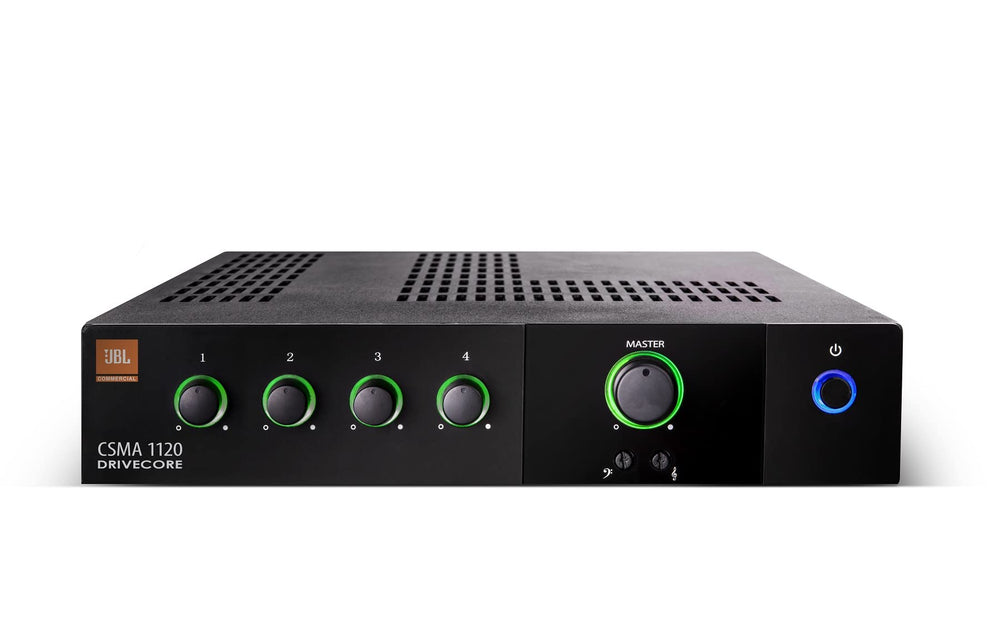 The C-100 is a digital amplifier equipped with four knobs for precise audio adjustments.
