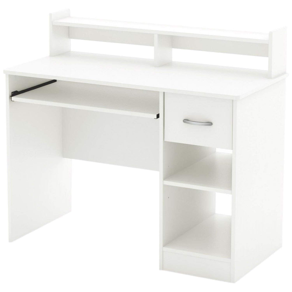 A white desk designed for computers, equipped with a shelf and multiple drawers for efficient storage.