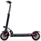 A sleek electric scooter with distinctive red wheels and sturdy black tires, ready for use.