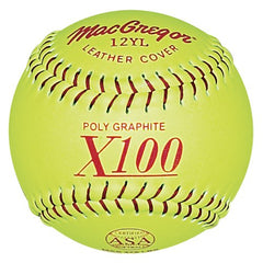 A bright yellow softball with the inscription x100 visible on it.