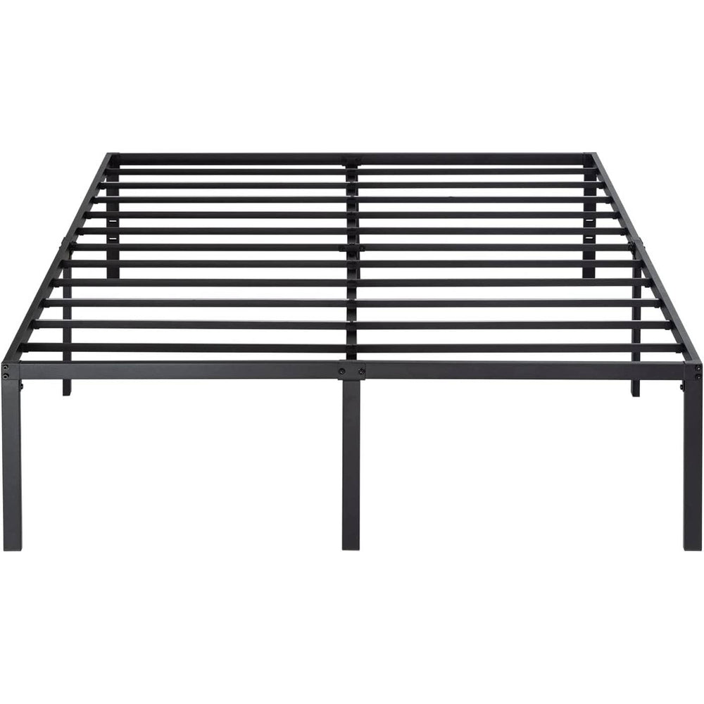 A sturdy metal bed frame with black slats, showcasing a contemporary and industrial aesthetic.