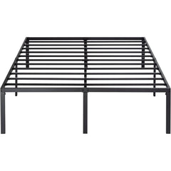 A sturdy metal bed frame with black slats, showcasing a contemporary and industrial aesthetic.