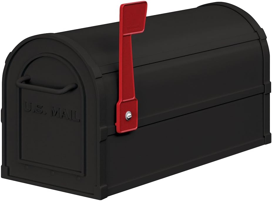 A black mailbox featuring a red handle, positioned against a neutral background.