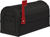 A black mailbox featuring a red handle, positioned against a neutral background.
