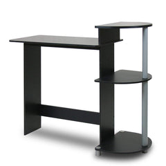 A modern black and silver computer desk equipped with shelves for additional storage and workspace efficiency.