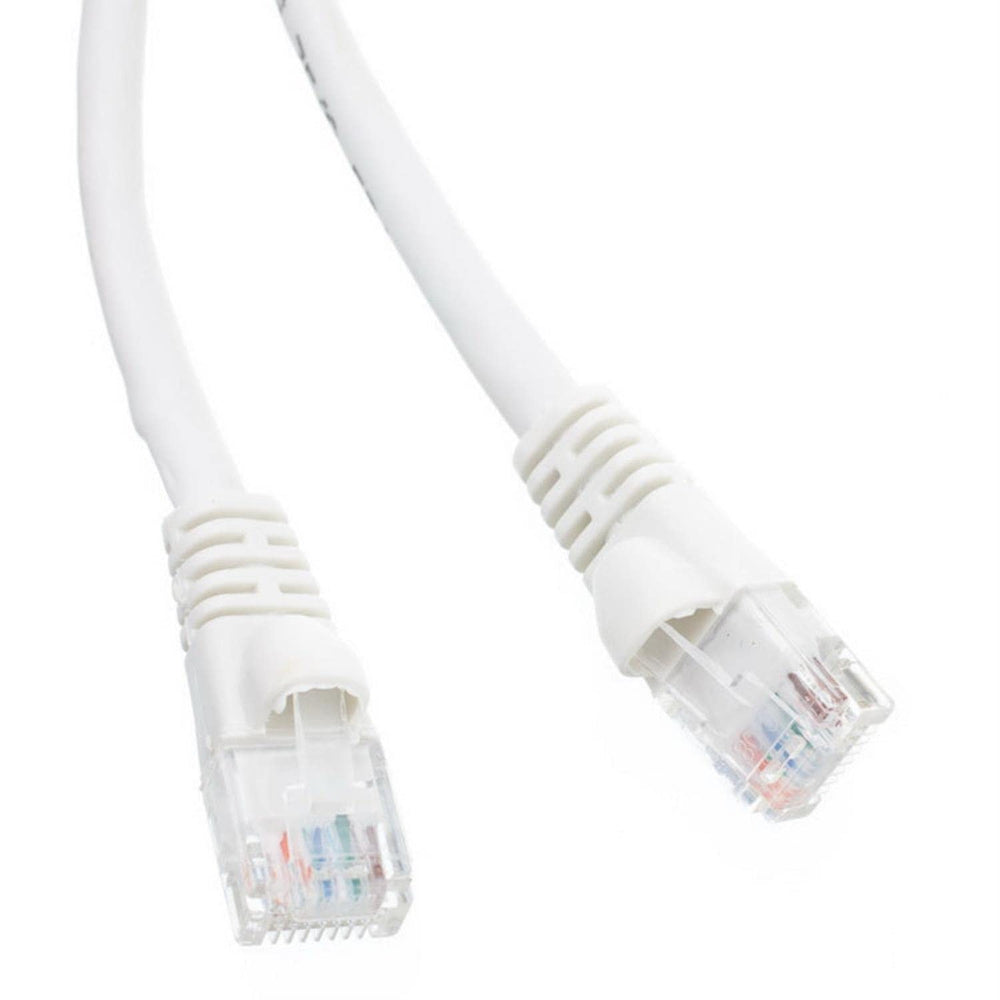 A white Ethernet cable displaying two exposed wires, illustrating its internal structure and connectivity function.