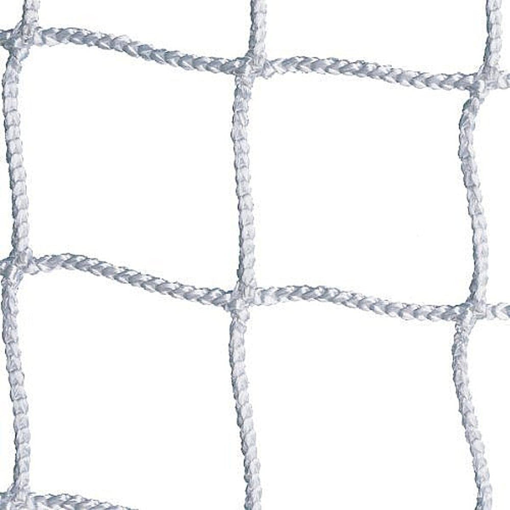 Close-up of a white net against a plain white background, highlighting the texture and pattern of the netting.