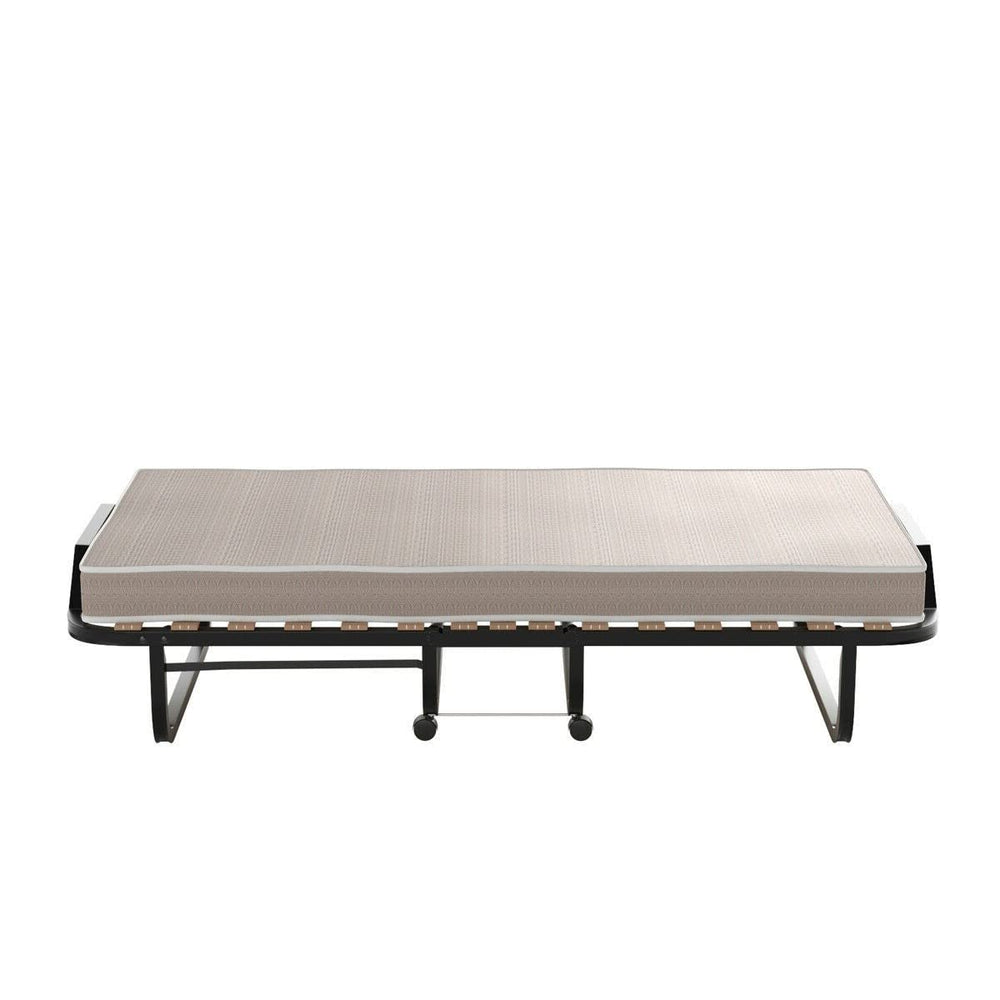 A bed composed of a mattress placed on a sleek metal frame, emphasizing modern design and functionality.