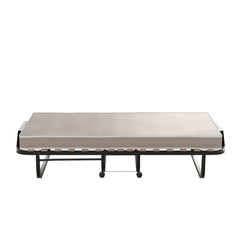 A bed composed of a mattress placed on a sleek metal frame, emphasizing modern design and functionality.