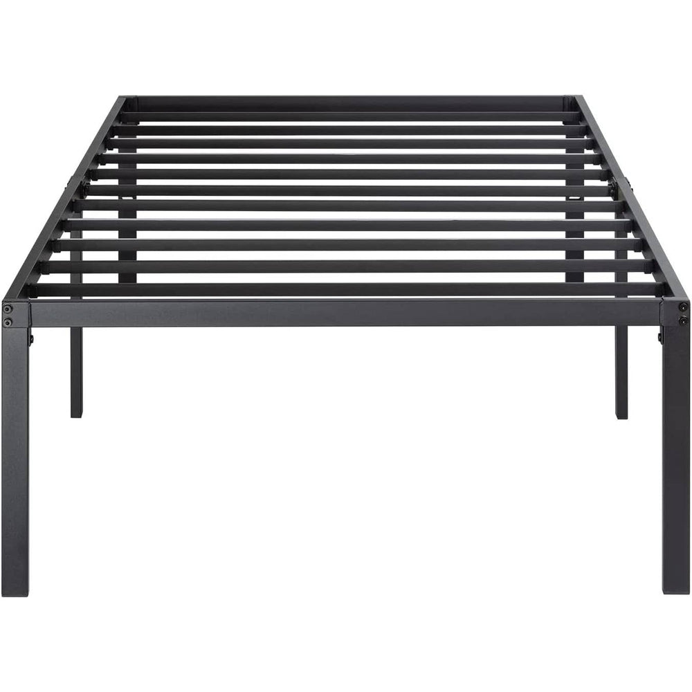 A sturdy metal bed frame featuring a sleek black finish, designed for modern bedroom aesthetics.
