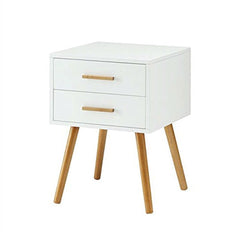 A white nightstand with two top drawers, providing a stylish and functional addition to any bedroom decor.