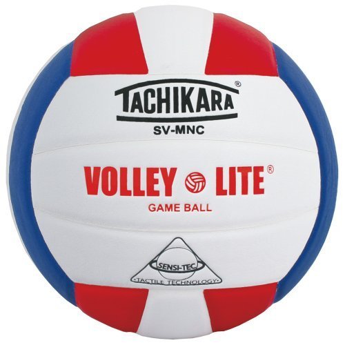 Red, white, and blue striped Tachikara volleyball, perfect for sports enthusiasts and competitive volleyball games.