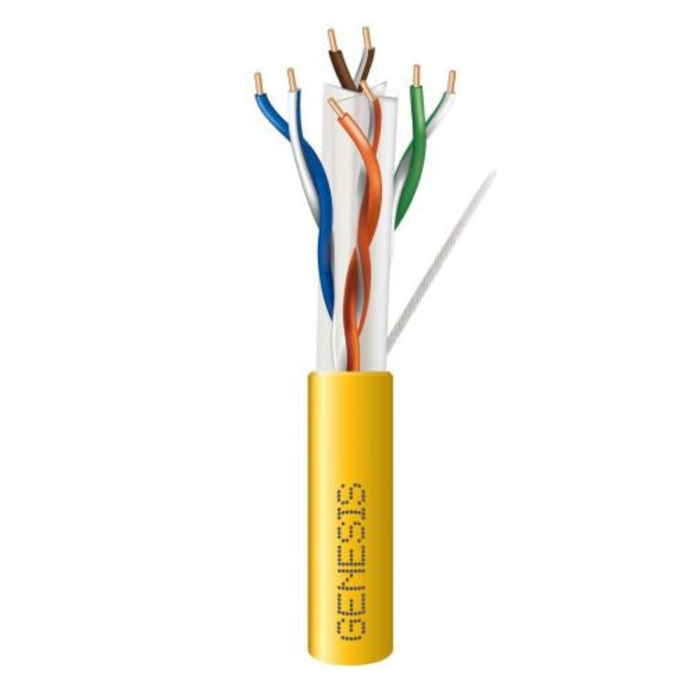 A yellow and white cable revealing several colored wires, indicating a range of functions or connections.