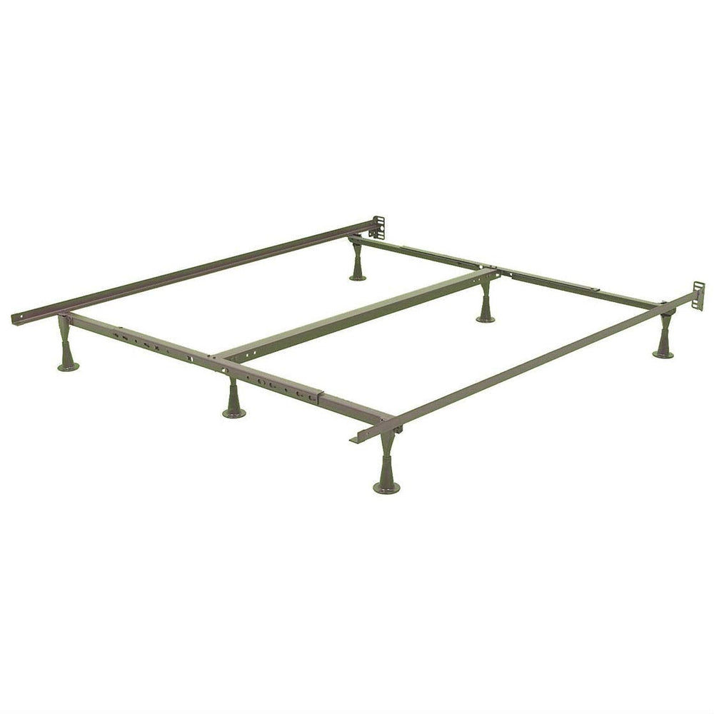 A sturdy Black metal bed frame with two wheels for easy movement and two legs for support.